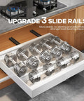 Two Pack Zero Fuss Pull Out Cabinet Organizers Built Like A Tank Smooth As Butter Roll Out Shelves Adjusts 15 To 26 Inches Wide with weight plates in drawer.