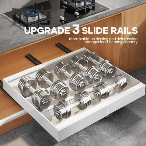 Two Pack Zero Fuss Pull Out Cabinet Organizers Built Like A Tank Smooth As Butter Roll Out Shelves Adjusts 15 To 26 Inches Wide with weight plates in drawer.