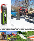 3S LiPo Battery 11.1V 5200mAh 120C With XT60 And TRX Plugs For RC Cars Trucks Planes Helicopters Boats Two Pack 6.18 X 1.81 X 1.03 Inches Beefy Power Bundle For Serious RC Hobbyists displayed with RC vehicles