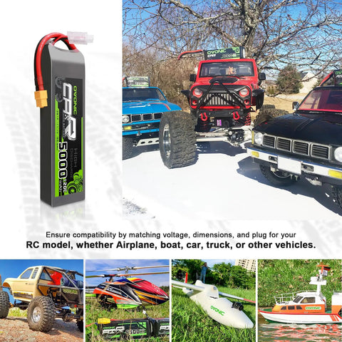 3S LiPo Battery 11.1V 5200mAh 120C With XT60 And TRX Plugs For RC Cars Trucks Planes Helicopters Boats Two Pack 6.18 X 1.81 X 1.03 Inches Beefy Power Bundle For Serious RC Hobbyists displayed with RC vehicles