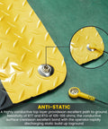Corner view of ESD Anti Fatigue Conductive Floor Mat Three By Twelve Foot Heavy Duty Diamond Plate showing anti-static connector.