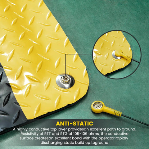 Corner view of ESD Anti Fatigue Conductive Floor Mat Three By Twelve Foot Heavy Duty Diamond Plate showing anti-static connector.