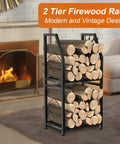 Two Tier Firewood Rack With 3 Hanging Hooks Heavy Duty Steel Wood Holder for Indoor Patio Holds 200 Lbs Black in living room