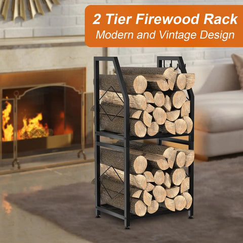 Two Tier Firewood Rack With 3 Hanging Hooks Heavy Duty Steel Wood Holder for Indoor Patio Holds 200 Lbs Black in living room