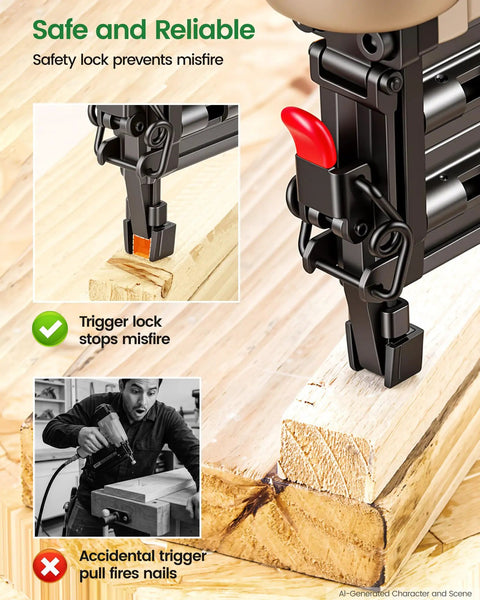 Heavy Duty 18 Gauge Pneumatic Brad Nailer Kit Includes Four Thousand Assorted Nails with safety lock feature.