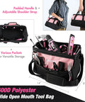 Knockout 20V Cordless Pink Drill Set For Women Rock Solid Power Tool Kit With Rugged Carrying Bag with padded handle and adjustable shoulder strap.