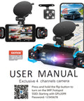 Display of 4 Channel Dash Cam With 360 Degree View For Cars, 2K Front Rear Inside Left And Right Cameras, features and user manual.