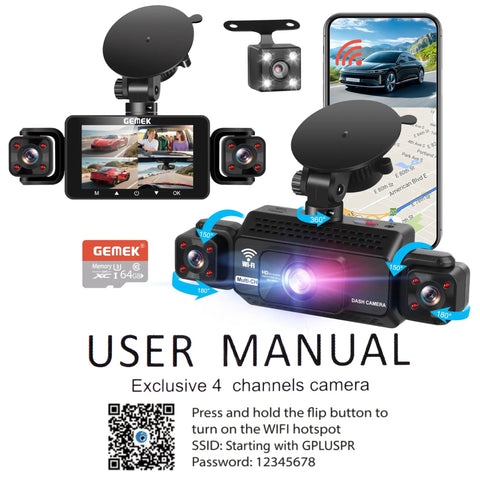Display of 4 Channel Dash Cam With 360 Degree View For Cars, 2K Front Rear Inside Left And Right Cameras, features and user manual.