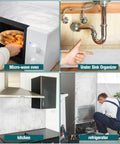 Collage of 4 Sheets 12-Inch By 30-Inch Aluminized Heat Shield in use on microwave, under sink, kitchen wall, and behind refrigerator