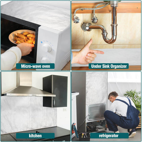 Collage of 4 Sheets 12-Inch By 30-Inch Aluminized Heat Shield in use on microwave, under sink, kitchen wall, and behind refrigerator