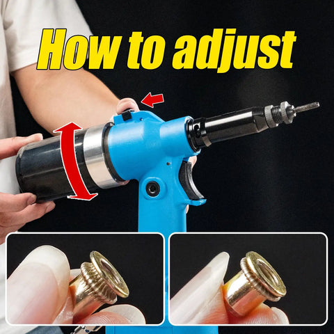 Hifeson Heavy Duty Air Hydraulic Rivet Nut Tool With Pneumatic Automatic Riveter Gun showing adjustment steps and threaded insert.