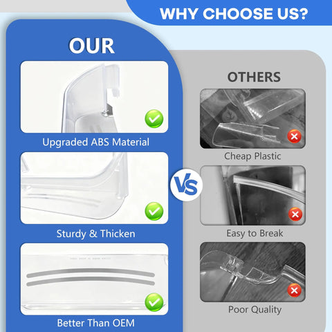Comparison chart showing our sturdy, thick ABS refrigerator door bin shelves vs competitors' flimsy plastic.