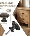 Antique Brass Cabinet Knobs Set, 6 Pack Round Drawer Knobs For Wardrobe illustrating size and style on a wooden cabinet