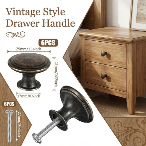 Antique Brass Cabinet Knobs Set, 6 Pack Round Drawer Knobs For Wardrobe illustrating size and style on a wooden cabinet