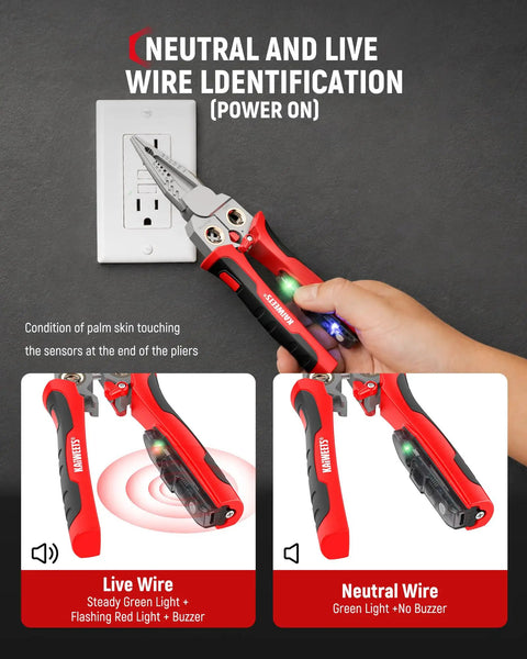 Kick Ass With KAIWEETS 9-In-1 Rechargeable Wire Stripper detecting live and neutral wires during electrical testing.