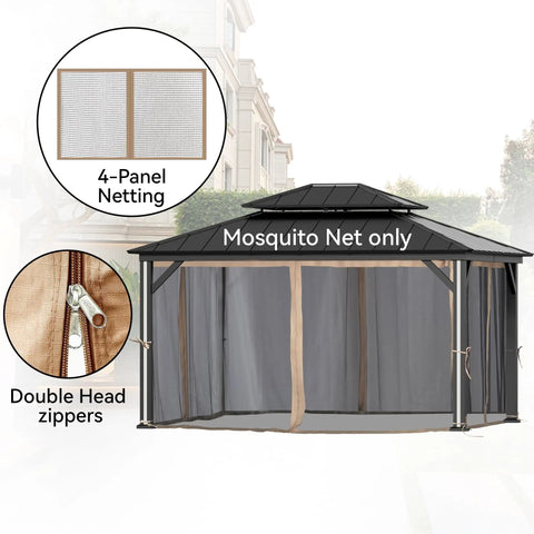 Universal 4 Panel Gazebo Mosquito Netting Replacement With Double Zipper Mesh Sidewalls 12x14 Ft for Patio Canopy