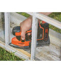Using 20V Max Sheet Sander With 12,000 OPM For Fast Material Removal, Detail Finger Attachment on window frame