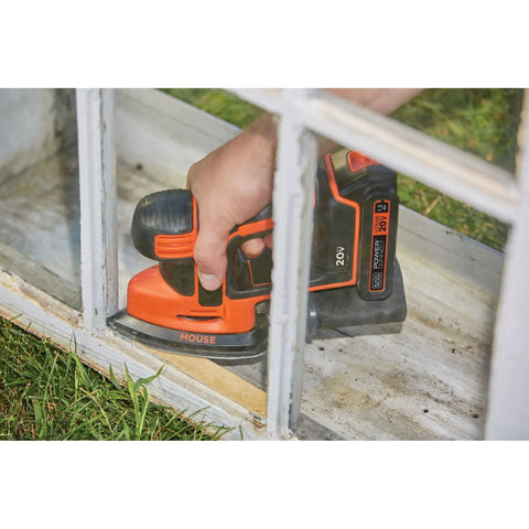 Using 20V Max Sheet Sander With 12,000 OPM For Fast Material Removal, Detail Finger Attachment on window frame