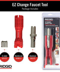 No Fuss Under Sink Faucet Install And Removal Wrench With 6 Sided Cube Insert including red tool, aluminum insert, and packaging.