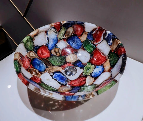 Show Stopping Game Changer Agate Powder Room Sink With Fire Modern Elegance For Luxury Bathroom Vanity Decor 24 Inch Square Handwash Bowl Premium Nonporous Glaze Fit, colorful agate stone basin view.