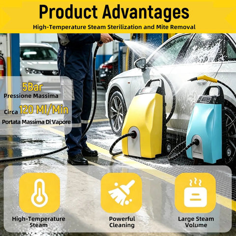 Heavy Duty Steam Cleaner With Boss Level 3.5L Tank And 30 Minute Runtime For Auto Detailing showing high-pressure steam in a car wash.