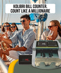 Fast Money Counter Machine With LCD Display And UV MG IR Detection for USD and EUR, displayed near people on yacht
