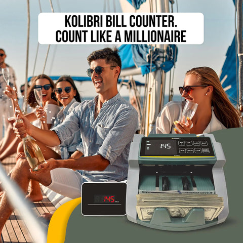 Fast Money Counter Machine With LCD Display And UV MG IR Detection for USD and EUR, displayed near people on yacht