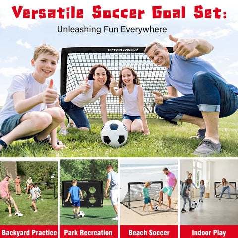 Family playing with 2 Pack 4x3 Ft Kids Soccer Goals For Backyard Practice Sesh Foldable Portable Soccer Nets, ball, and cones