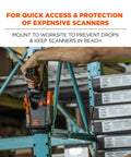 Barcode Scanner Holder And Equipment Mount For Gun Grip Mobile Computers And Handheld Scanners With Fastener Straps For Forklift Attachment Gray Large installed on industrial shelving.