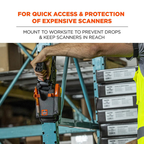 Barcode Scanner Holder And Equipment Mount For Gun Grip Mobile Computers And Handheld Scanners With Fastener Straps For Forklift Attachment Gray Large installed on industrial shelving.