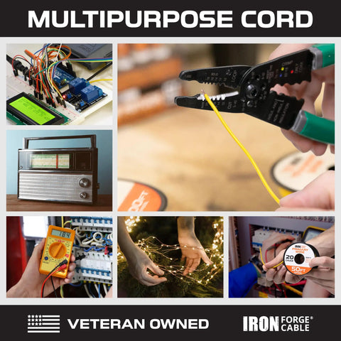 Collage showing uses of Heavy Duty 20 Gauge Speaker Wire 1000 Ft Pack Ten Roll Assortment for electronics and car audio.