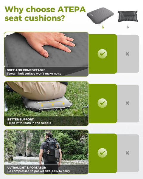 Go-To Self-Inflating Seat Cushion For Travel And Outdoors with hand pressing, lightweight and portable features highlighted