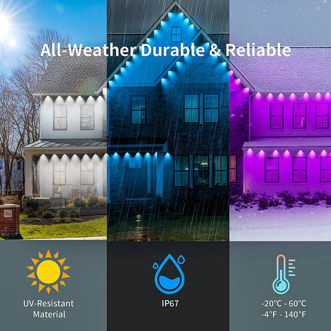 Outdoor LED Lights for House With App And Button Control Smart RGB IC Eaves Lighting Kit 200 Plus Dynamic Scene Modes IP67 Waterproof in various weather conditions on house eaves.