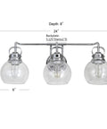 Chrome Three Light Bathroom Vanity Light With Clear Seeded Glass Shades, Metal Wall Sconce, 24 Inch Wide, Front View Diagram