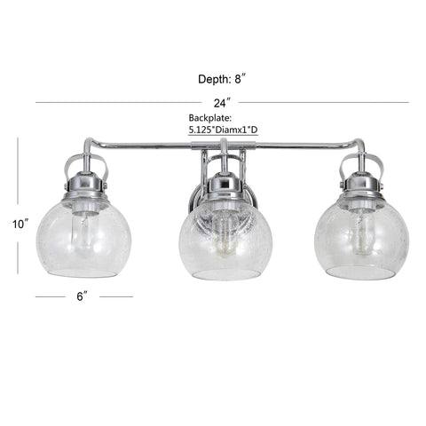 Chrome Three Light Bathroom Vanity Light With Clear Seeded Glass Shades, Metal Wall Sconce, 24 Inch Wide, Front View Diagram