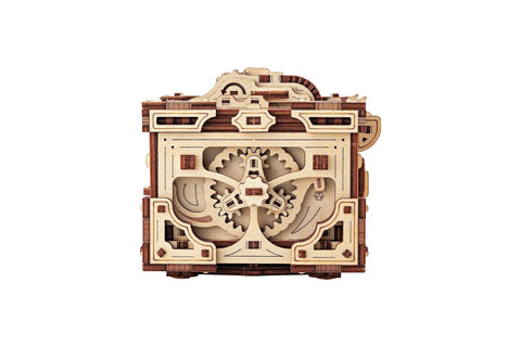 Enigma Chest 3D Wooden Puzzle Box For Adults To Build Natural Wood Escape Room Challenge With 504 Pieces No Glue Required Codes And Secret Locks Stress Relief Brain Teaser, front view