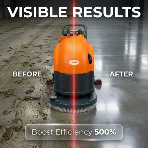 22 Inch Walk Behind Commercial Floor Scrubber Cordless Battery Powered With Dual 13 Point 2 And 14 Point 5 Gallon Tanks Up To Five Hours Runtime 31 Inch Squeegee Hard Floor Cleaner For Tile Concrete Epoxy And Vct showing visible results before and after cleaning.