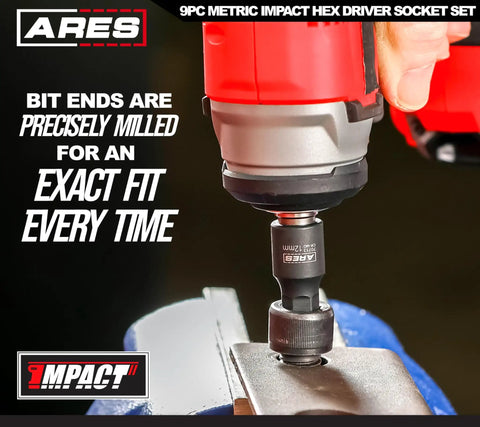 Nine Piece Metric Impact Hex Driver Set With Chrome Moly Steel And Manganese Phosphate Coating in use on automotive part