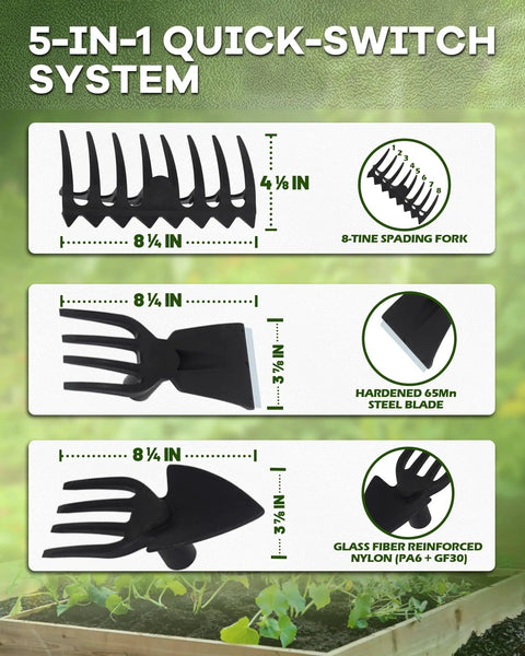 5 In 1 Garden Hoe With Adjustable 37 To 50 Inch Handle And Snap On Heads For Weeding Cultivating Tilling And Raking A Real Workhorse Outdoor Tool details snap-on heads including 8-tine spading fork, steel blade, and reinforced nylon.