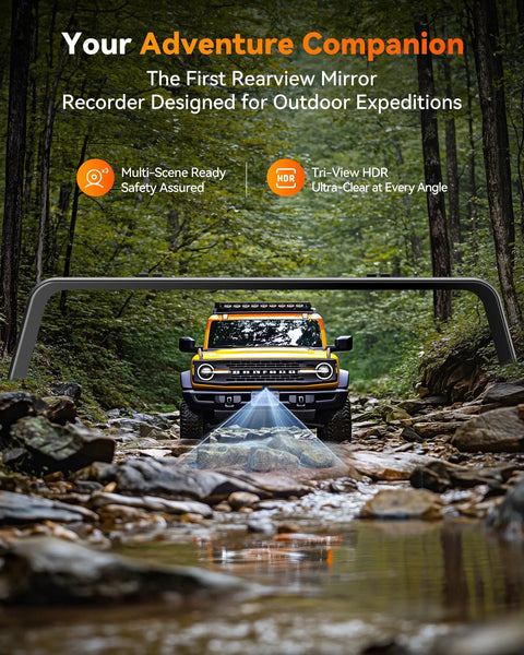 SUV with G900 Tripro Bumper 3 Channel 4K Mirror Dash Cam navigating rocky forest stream