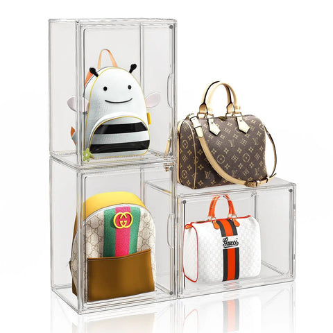 Clear Acrylic Handbag Organizer Set, 3 Pack Stackable Display Boxes With Magnetic Door For Purses Wallets And Collectibles