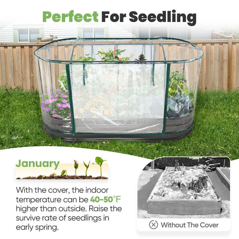 Raised Garden Bed With Clear PVC Cover, Galvanized Oval Garden Box For Outdoors, extends the growing season.