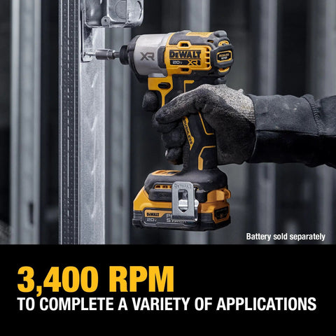 20V Max XR Brushless Impact Driver With One Quarter Inch Hex High Torque 3 Speed LED Work Light Extended Runtime Cordless Tool Only 1825 In Lbs Torque And 3400 RPM drilling metal