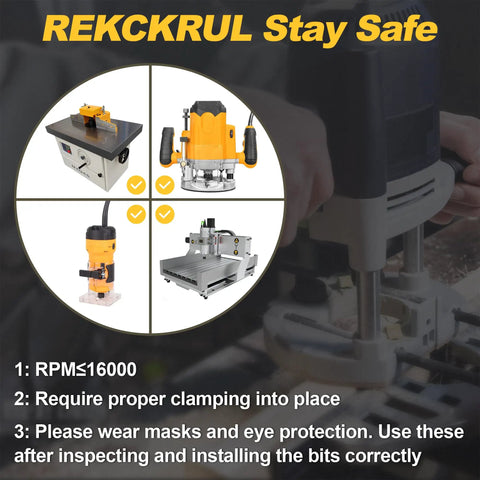 Safety guide for using Pro Grade 3 Piece Lock Miter Router Bit Set with various router setups and precautions.