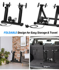 Indoor Bike Trainer Stand With 8 Levels Of Resistance shown folded in a living room and car trunk for easy storage and travel.