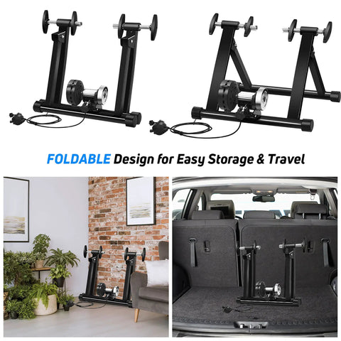 Indoor Bike Trainer Stand With 8 Levels Of Resistance shown folded in a living room and car trunk for easy storage and travel.