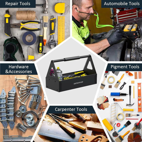 Grippy Handle Metal Tool Tray Portable Tote with tools displayed for easy organization in a home garage, workshop, or warehouse.
