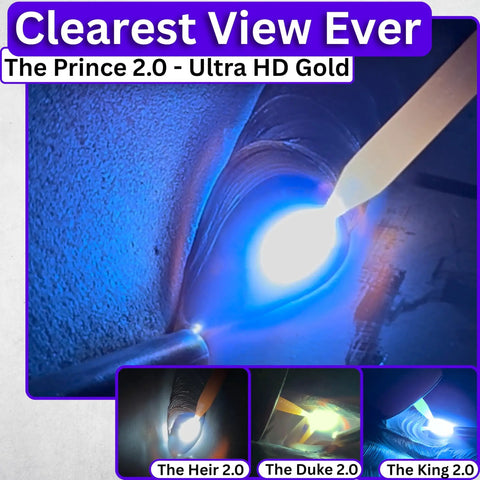 Close-up of welding with Auto Darkening Welding Lens Shade 12 in 2x4, showing blue puddle finish, 20A TIG Rating, no flashing.
