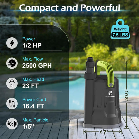 0.5 HP Submersible Sump Pump With 2500 GPH For Basement, Pool, Garden And Pond Drainage, compact design, features listed