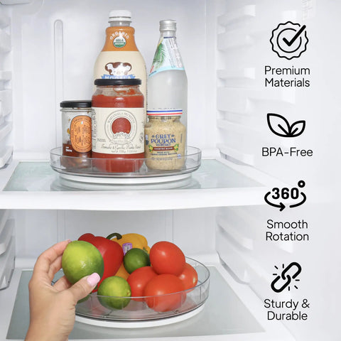 Clear Two Pack Rotating Lazy Susan Organizers With 9 And 10 Inch Countertop Turntables For Kitchen Cabinets Pantry Spice Racks Making Pantry Storage Slick And A Total Breeze On Your Counters, shown with drinks and vegetables in refrigerator.